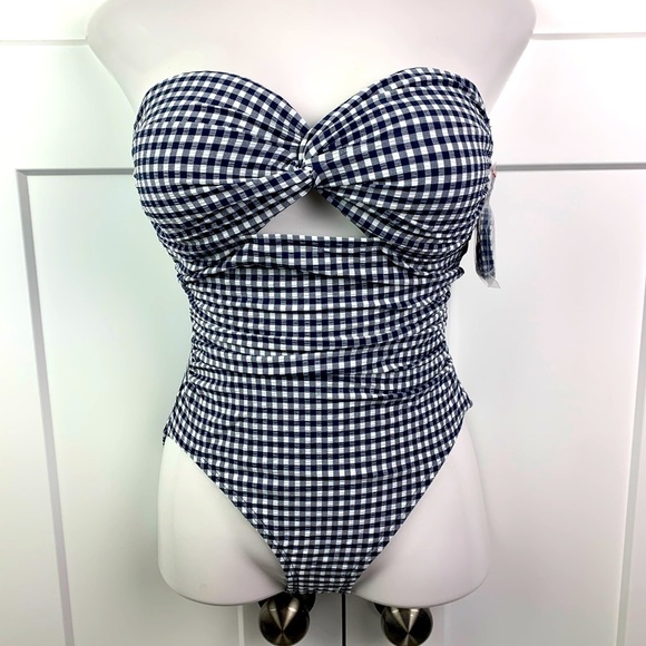 LOFT Other - NWT Ann Taylor Loft SMALL One Piece Swimsuit Navy Gingham Twist Cutout Bandeau
